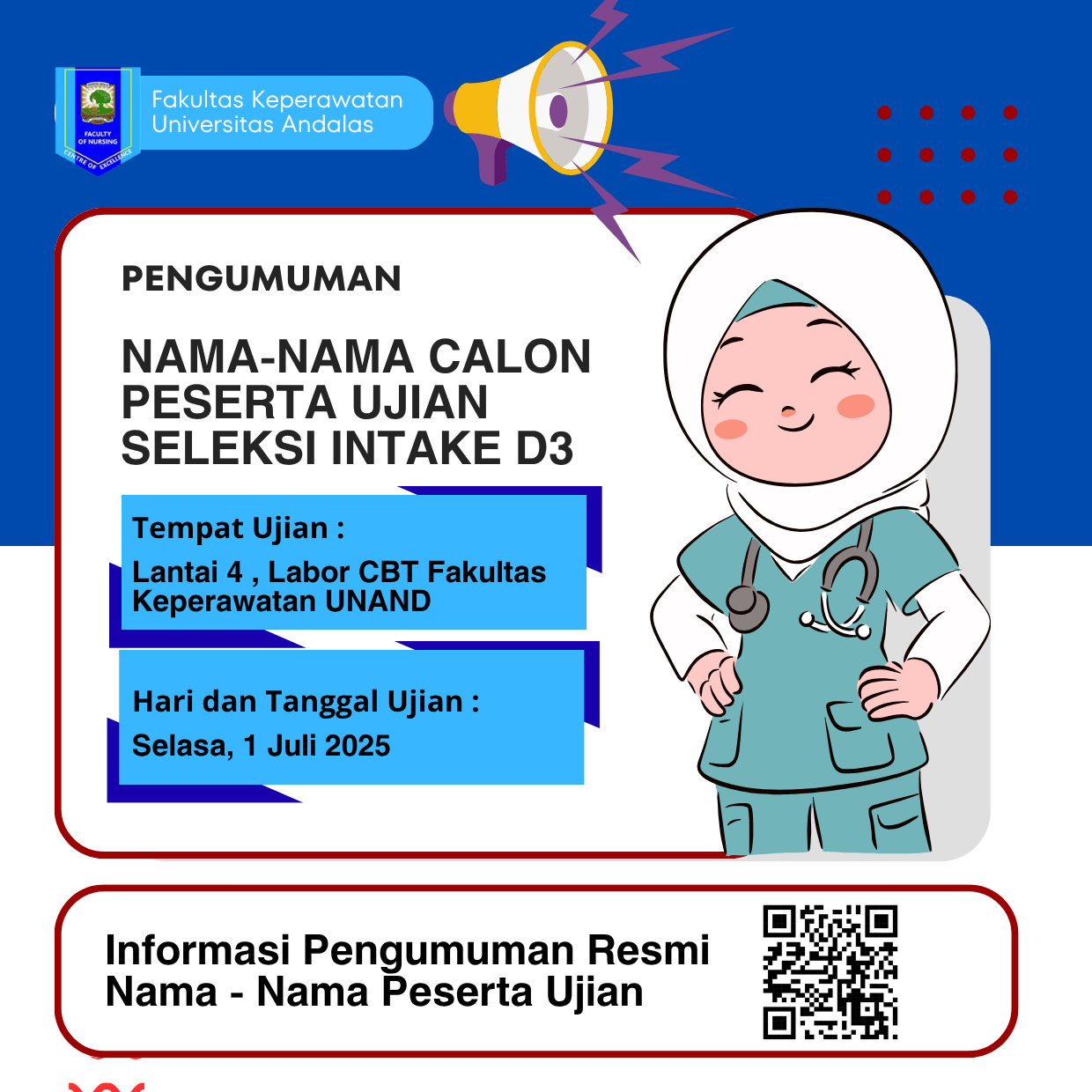 Pengumuman Nama-Nama Peserta Calon Mahasiswa Baru Seleksi Ujian Intake D3 Keperawatan UNAND